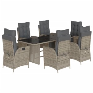7-tlg. Garten-Essgruppe aus grauem Poly Rattan mit Tisch und Sesseln mit grauen Kissen.