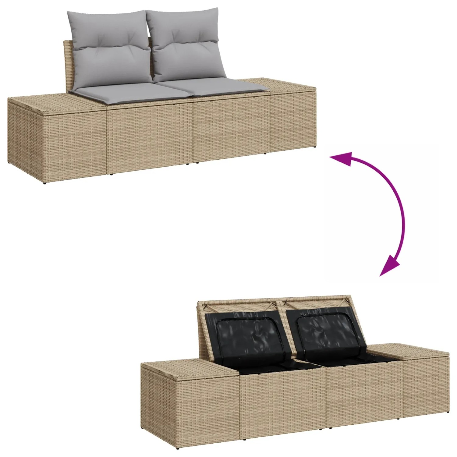 Beiges vidaXL Garten-Sofa-Set aus Rattan mit Stauraum, 8-teilig. Gartenmöbel mit Kissen und offenem Stauraum.