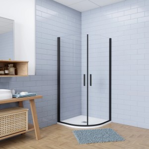 Schwarze Viertelkreis Dusche mit Drehtür, 6mm Sicherheitsglas und weißer Duschwanne in modernem Bad.