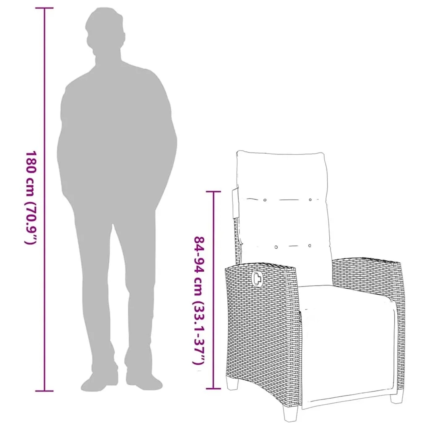 vidaXL Gartensessel grau mit Tisch, verstellbarer Relaxsessel aus Polyrattan, Maße dargestellt.