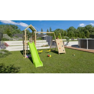 Trigano Spielturm Olympia Xperience mit Rutsche, Kletterwand und Schaukel im Garten.