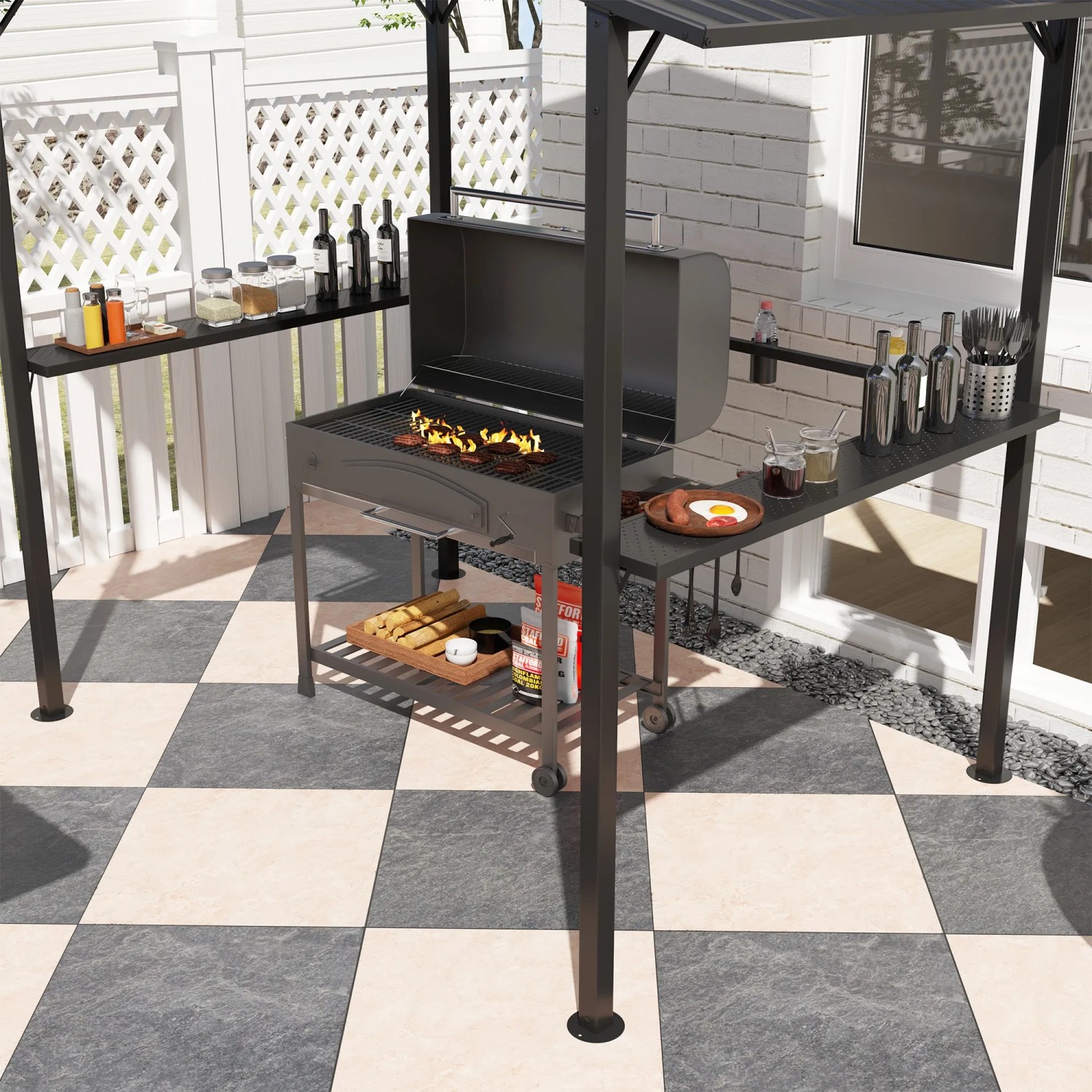 Outsunny Grillpavillon aus Metall, schwarz, mit Ablageflächen und Grill unter dem Dach.