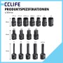 16-tlg. CCLIFE Bremszylinder Stecknuss Satz 1/2 Zoll. Schwarze PT-, Mehrkant- & Sechskantnüsse in verschiedenen Längen.