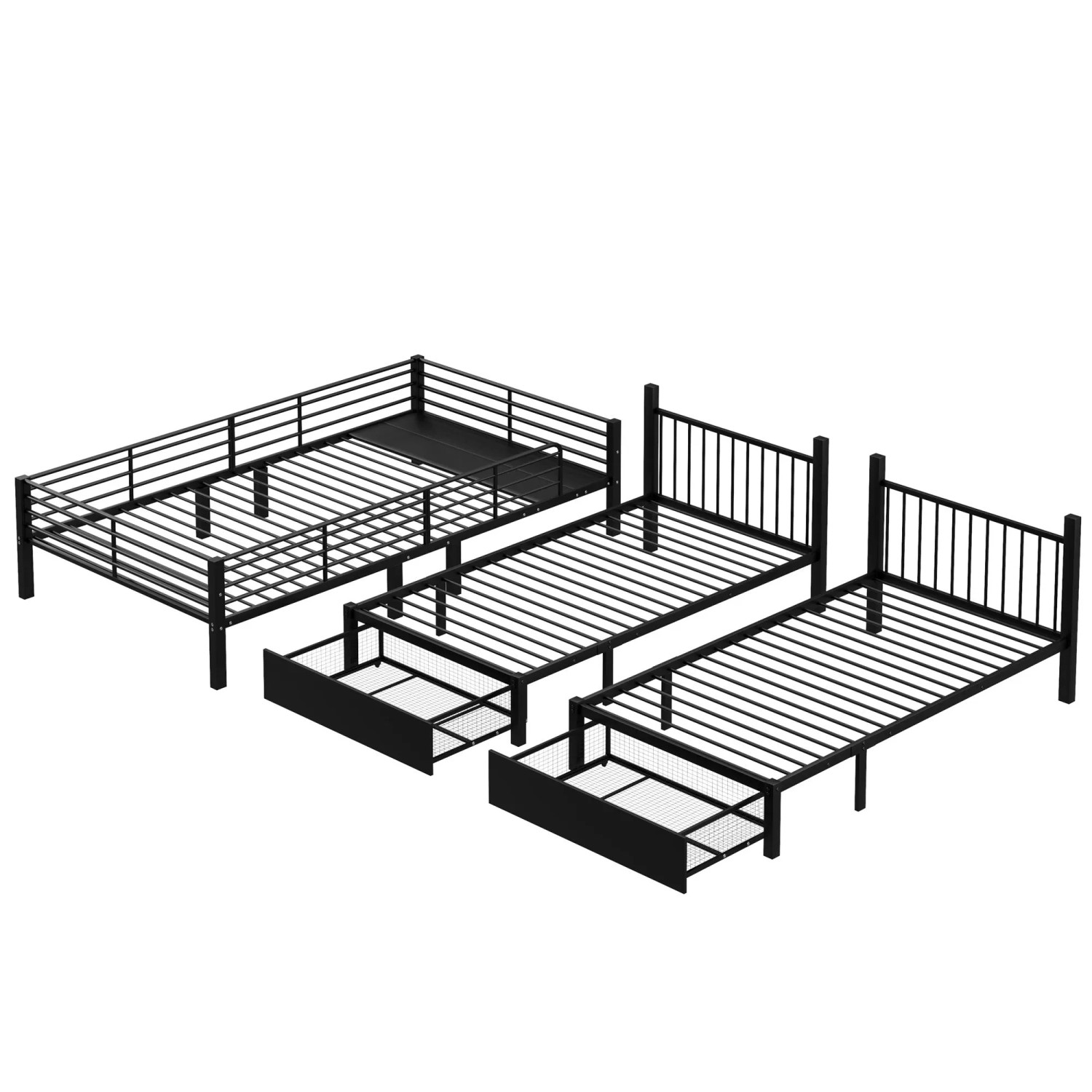 KOMHTOM Dreifaches Etagenbett Mit Schubladen Metallbettrahmen Umwandelbar In 140x200Cm Doppelbett Und Zwei 90x200Cm Einzelbetten Schwarz