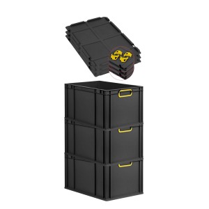 PROREGAL SuperSparSet: 3 schwarze Euroboxen (65L) mit gelben Griffen und Auflagedeckel. Aufbewahrungsboxen.
