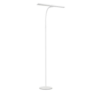 Weiße, moderne LED-Stehlampe mit dimmbarer Lesefunktion und verstellbarem Schwanenhals für Wohnzimmer.