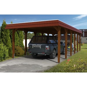 Skan Holz Carport Spreewald, Nussbaum mit roter Blende, für ein Auto.
