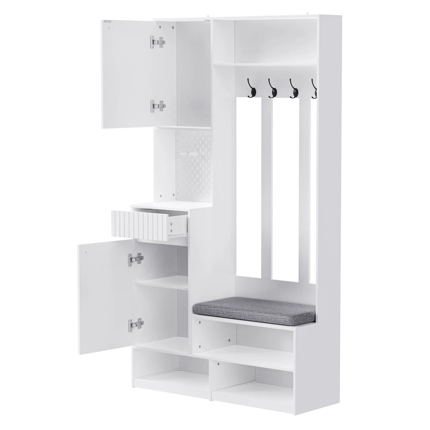 okwish Garderoben Set mit Sitzbank 4 Haken Türen Schubladen 100x180x35cm Weiß