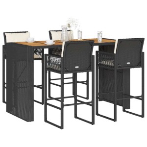 vidaXL Gartenbar-Set, 5-teilig, schwarz, Poly Rattan, Akazie, mit Kissen. Gartenmöbel für Terrasse und Garten.