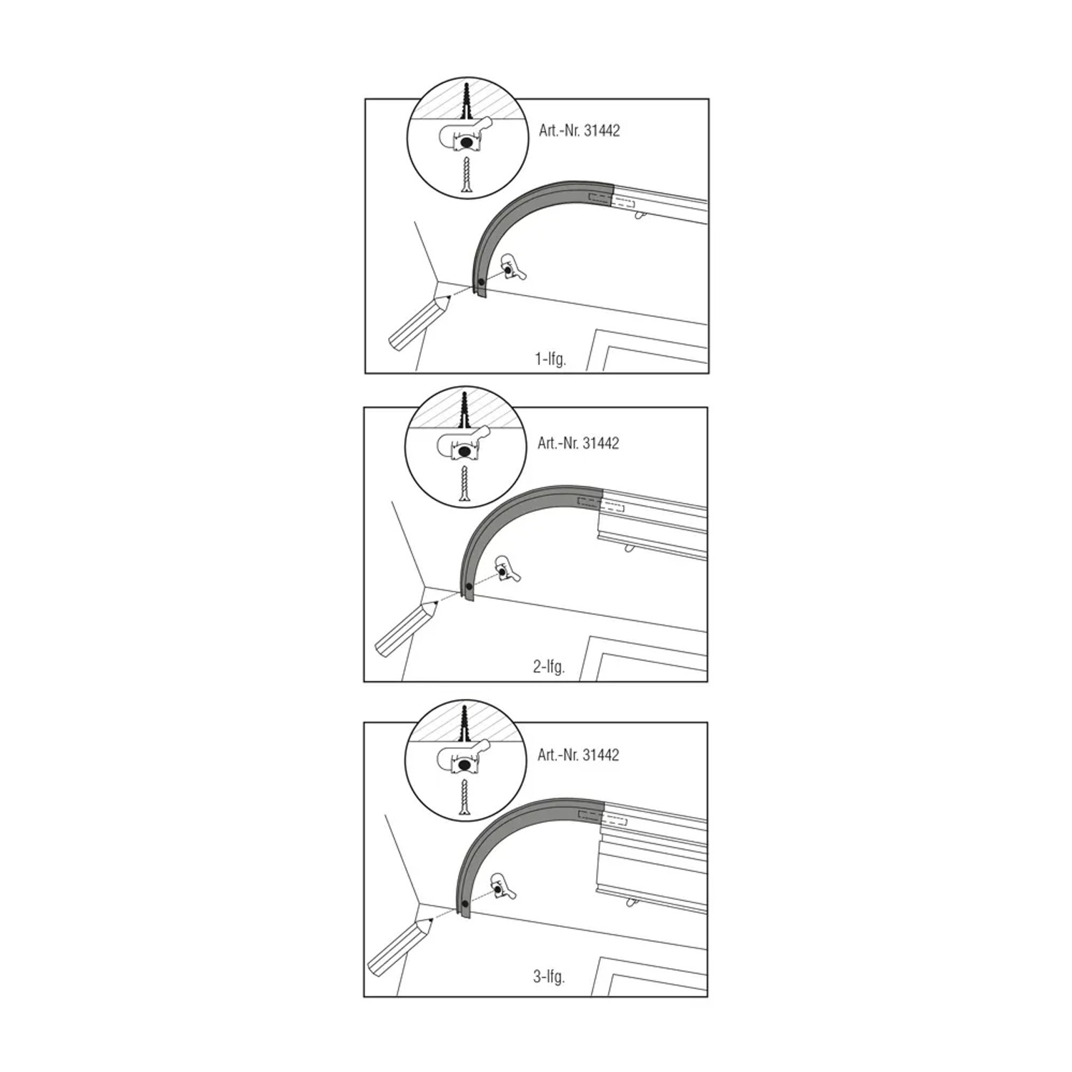 Montage einer weißen Gardinia Rundbogen Vorhangschiene, 1-läufig, in drei Schritten dargestellt.