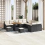Schwarzes 13-teiliges vidaXL Garten-Sofa-Set aus Poly Rattan mit Tisch und Kissen.