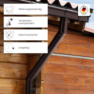 Braunes INEFA Kunststoff-Dachrinnensystem mit Kastenrinne und Fallrohr am Holzhaus. Witterungsbeständig, langlebig, weichmacherfrei.