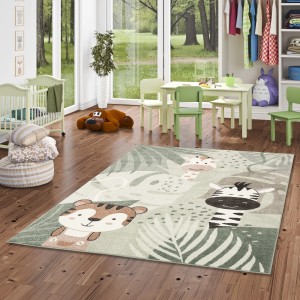 Grüner Kinderteppich mit Safari-Motiv (Tiger, Zebra, Giraffe) im Kinderzimmer.