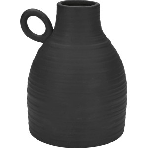 Schwarze Steingut-Vase Ancient Secrets mit Henkel, 16,5 cm hoch. Dekorative Blumenvase für den Innenbereich.