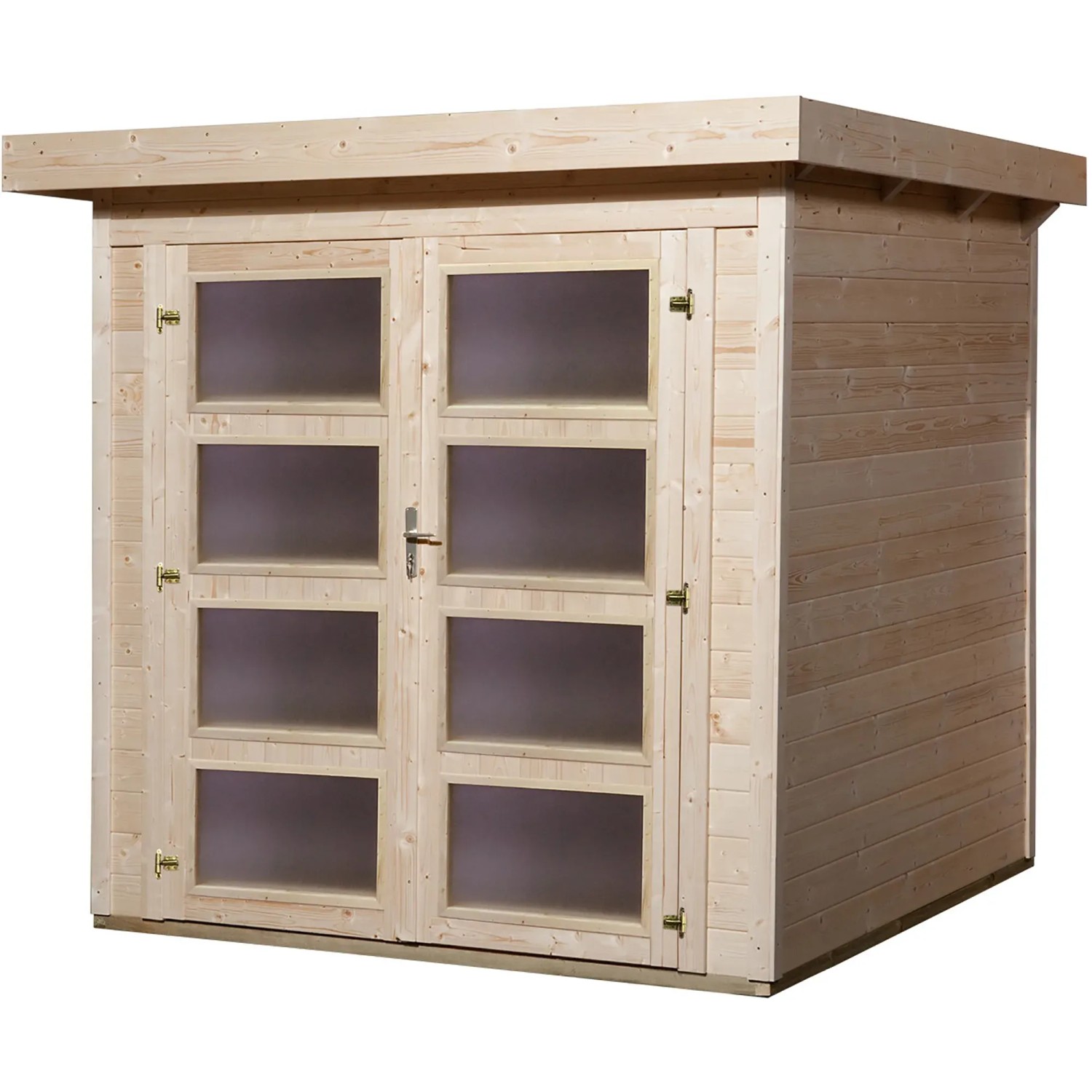 Unbehandeltes Weka Holz-Gartenhaus Pesaro mit Flachdach und Doppeltür mit Glaseinsätzen.