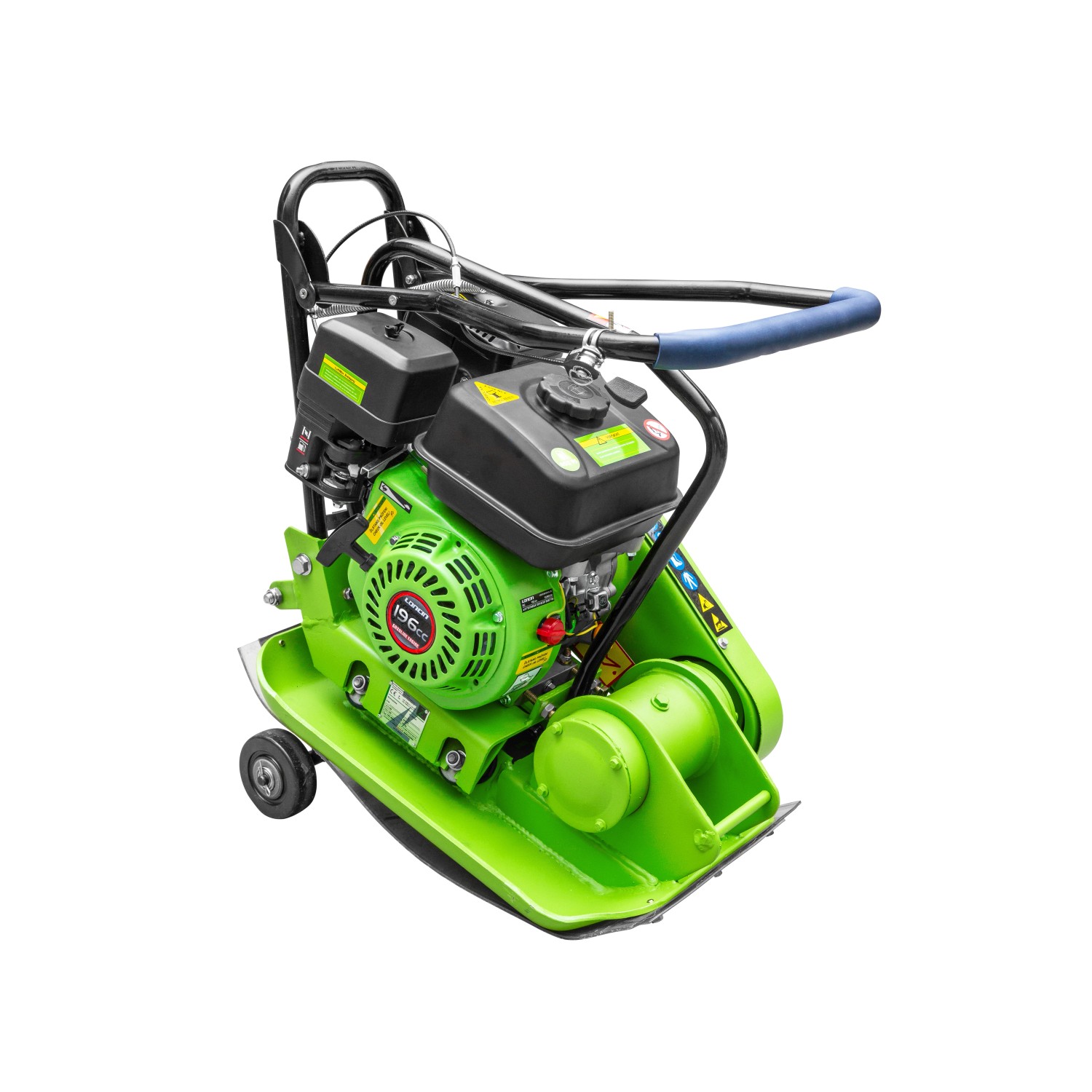 Grüne Zipper Rüttelplatte ZI-RPE60 mit Gummiplatte und Fahrwerk, 62 kg, 4 kW für Baumaschinen.