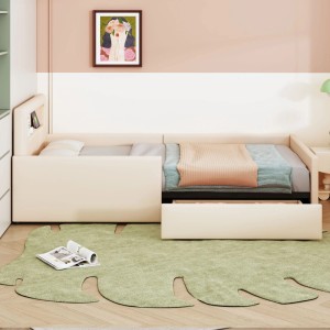 Beiges Merax Kinder-Polsterbett 90x200cm mit Nachtlicht, USB-Anschluss und Schublade in modernem Kinderzimmer.