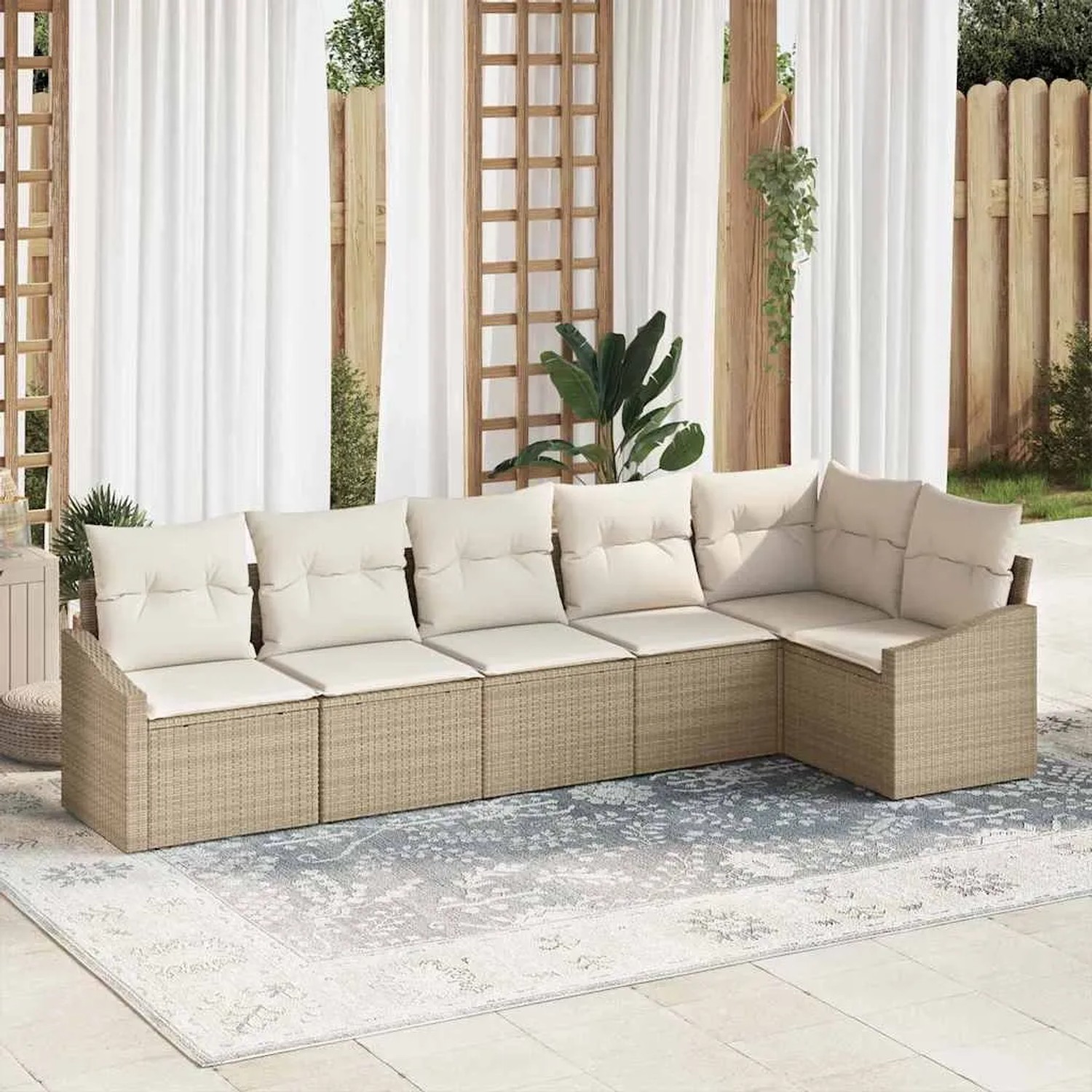 Beiges 6-teiliges Garten-Sofa-Set aus Poly Rattan von vidaXL. Modulares Lounge Set mit Kissen für Terrasse und Garten.