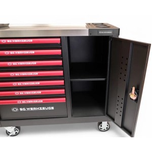 DeTec. Werkzeugwagen XXL, befüllt mit 7 Schubladen und Werkzeugschrank, Carbon Optik, Red Black Edition.