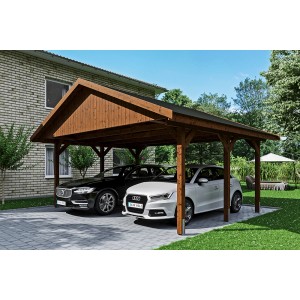 Satteldach-Carport Wallgau Nussbaum mit zwei geparkten Autos unter dem Unterstand.