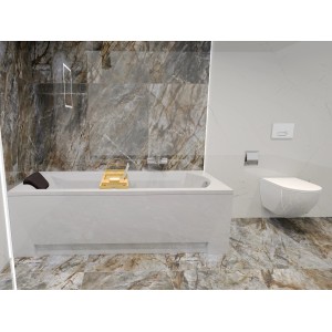 Weiße Bad Land SHEA Rechteck-Badewanne 170x70 mit AcrylSchürze, Bambusablage und Kopfstütze in modernem Bad.