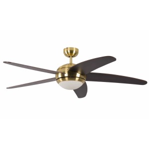 Pepeo Deckenventilator Melton mit Messing-Gehäuse, Wenge-Flügeln, Beleuchtung und Fernbedienung.