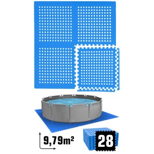 Blaue Poolunterlage aus 28 EVA Matten (9,79m²) für 244 cm Pool. Modulares Puzzle-System schützt vor Schäden.