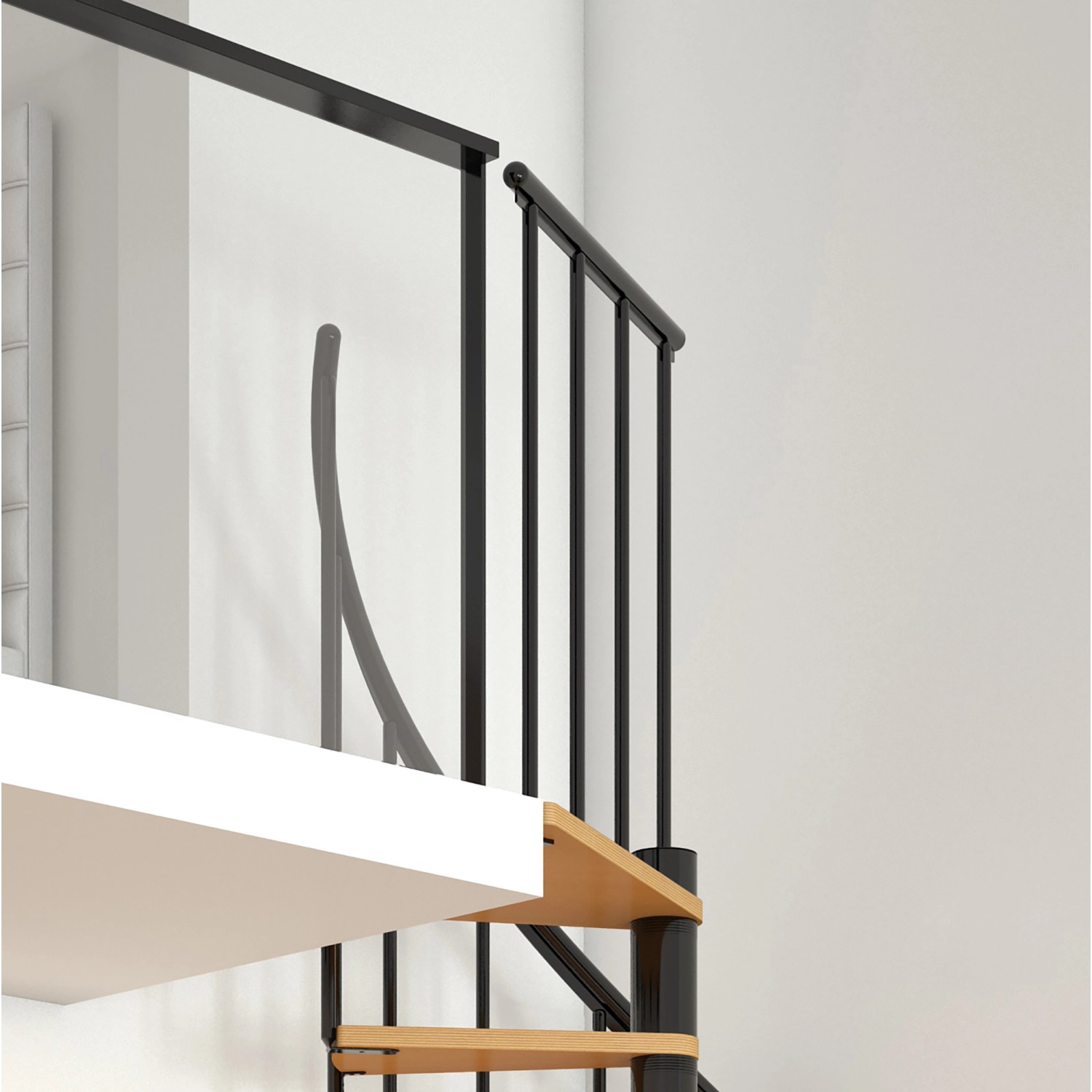 Detailaufnahme der Dolle Spindeltreppe Calgary mit anthrazitfarbenen Metallelementen und Holzstufen.