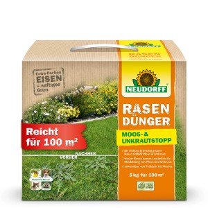 Neudorff Rasendünger Moos- und Unkrautstopp 5kg für dichten, grünen Rasen ohne Unkraut.