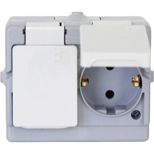Kopp 2-fach Steckdose mit Deckel, waagerecht, Aufputz/Feuchtraum, arktisweiß.