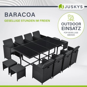 Schwarze Juskys Polyrattan Essgruppe Baracoa XXL, 13-teilig mit Tisch, Stühlen und Hockern. Gartenmöbel-Set.