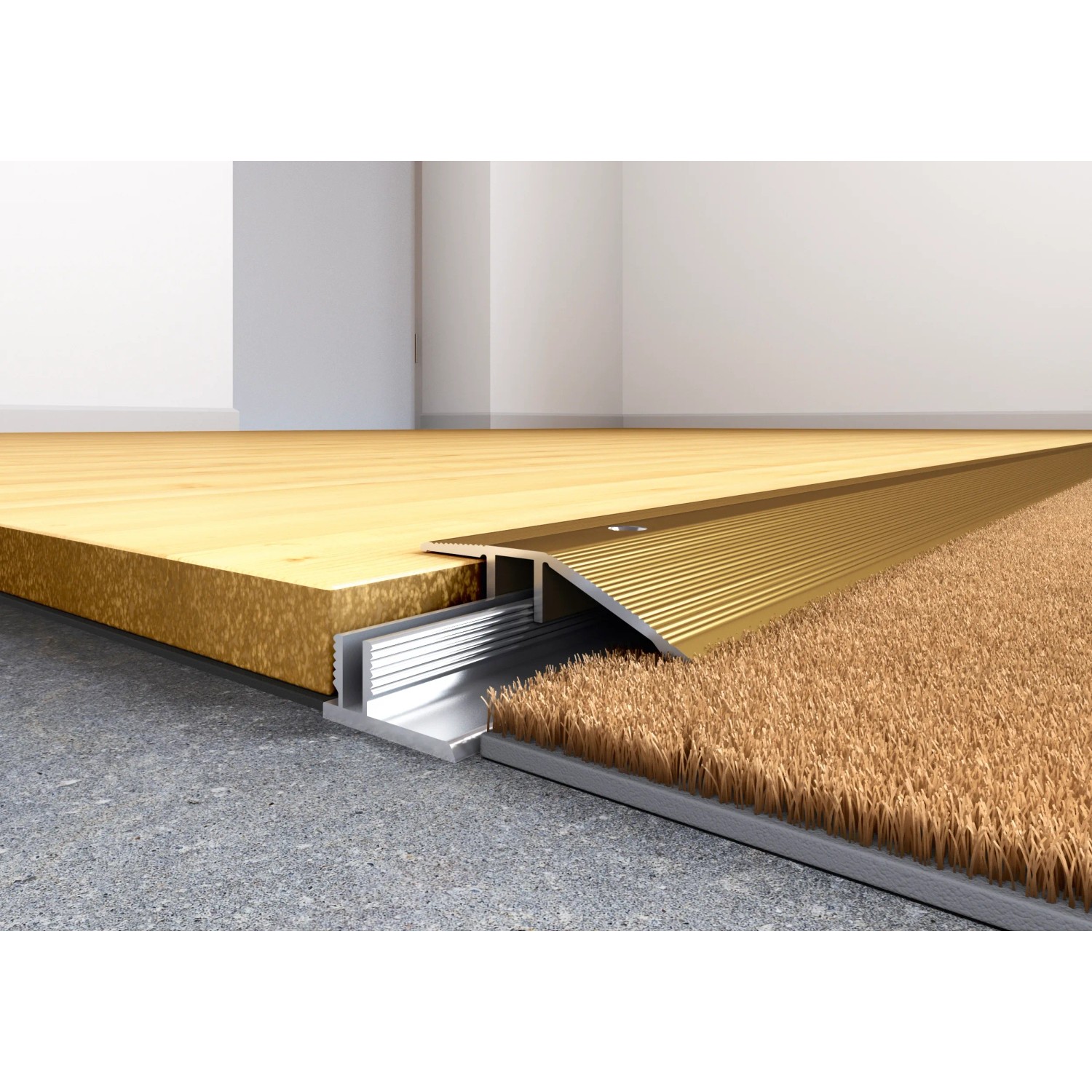 Messingfarbenes Ausgleichsprofil für Laminat/Parkett, 44x12x2700 mm, gleicht Bodenhöhen aus.