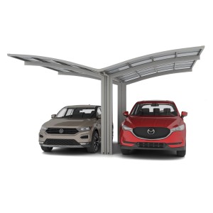 Ximax Carport Portoforte-60 Y Edelstahl-Look mit zwei parkenden Autos.