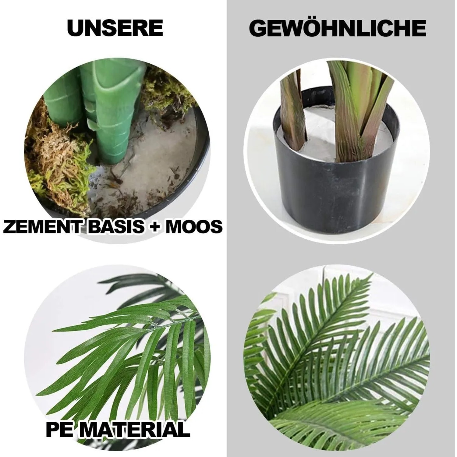 Details der Costway Kunstpflanze, 110cm hoch: Zementbasis mit Moos, PE-Material der Blätter, schwarzer Topf.