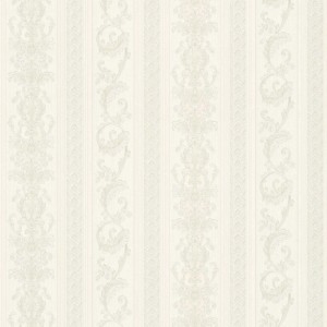 Cremefarbene Vliestapete mit barockem Ornamentmuster und Streifen. Dekorative Tapete für elegante Wandgestaltung.