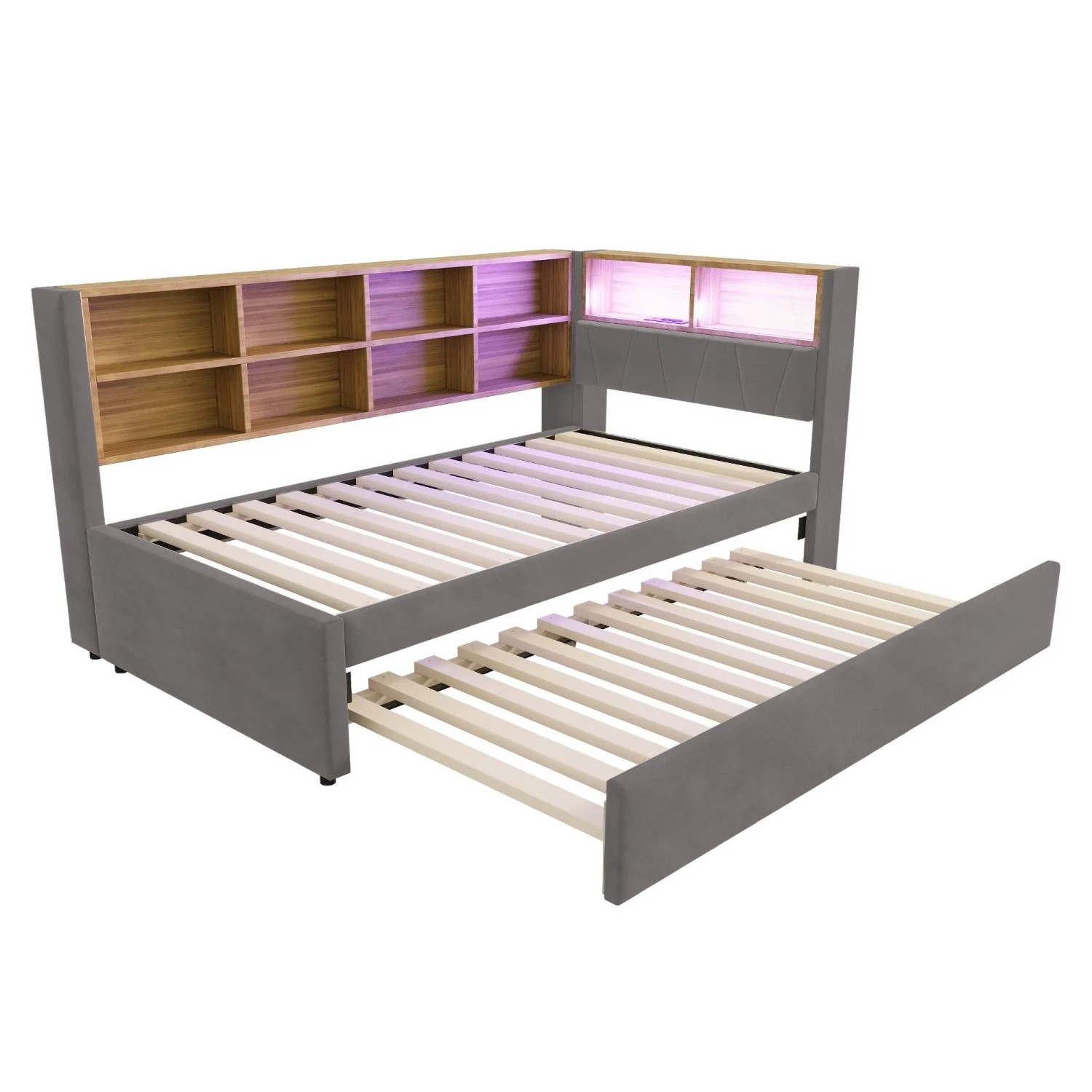 Merax Schlafsofa 90x200cm LED USB Ausziehbett Flanell Dunkelgrau
