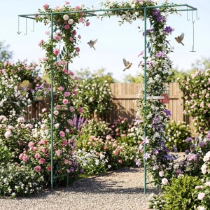 Costway Rosenbogen Metall Gartenbogen mit Vogelfutterstation Grün