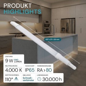 LUXULA 5er- Set LED Feuchtraumleuchte 9W 4000K Neutralweiß 990lm Quick Connector Wannenleuchte 60cm Weiß IP65 IK08 Kellerlampe