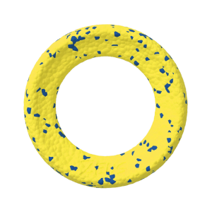 Gelb-blauer Zeus Nitro Ring, ein robustes Hundespielzeug für Apportierspiele im Wasser, Ø 16 cm.