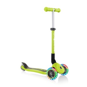 Globber Junior Tretroller, Lime Grün, mit 3 Rädern und LED-Leuchtrollen.