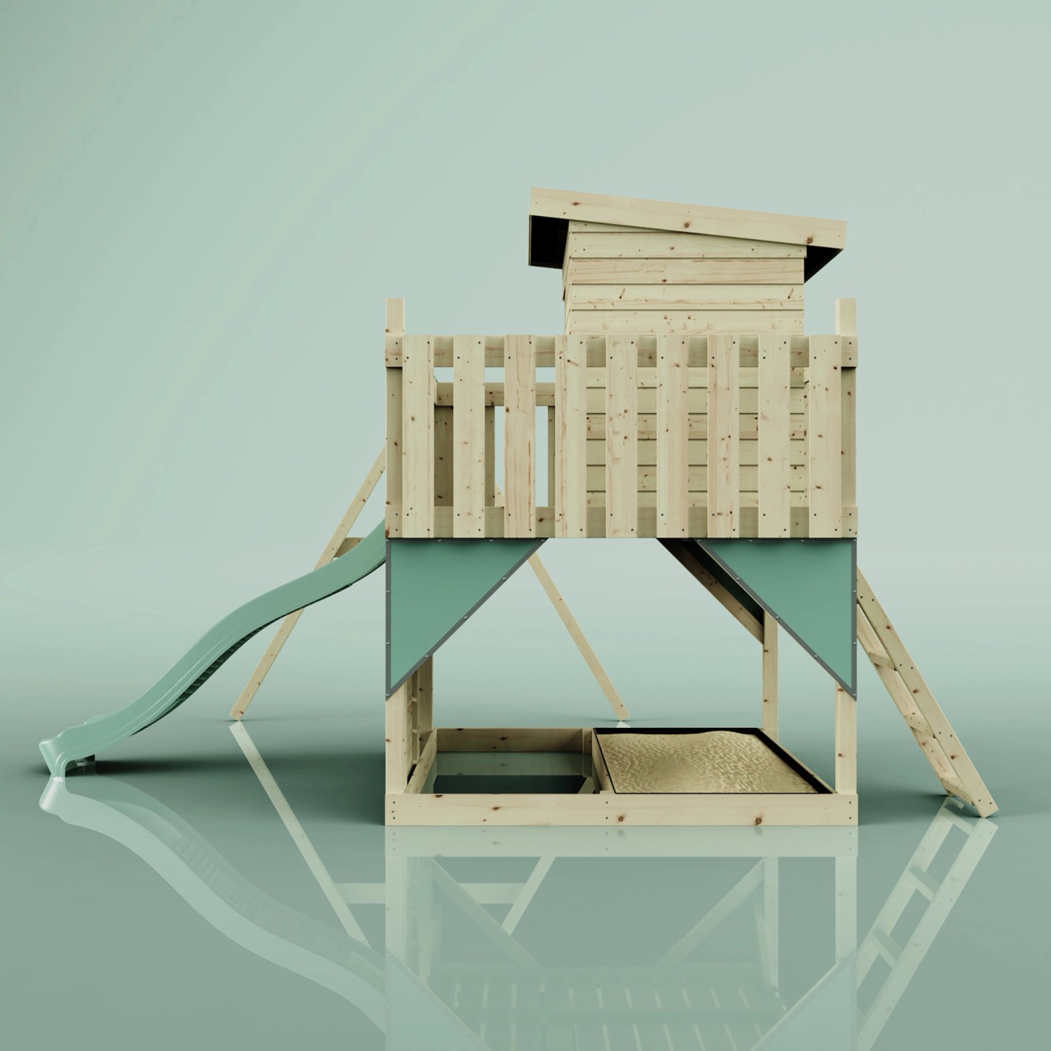 PolarPlay Spielturm Alma mit Schaukel und Rutsche, mintgrün. Holzspielturm mit Leiter und Sandkasten.