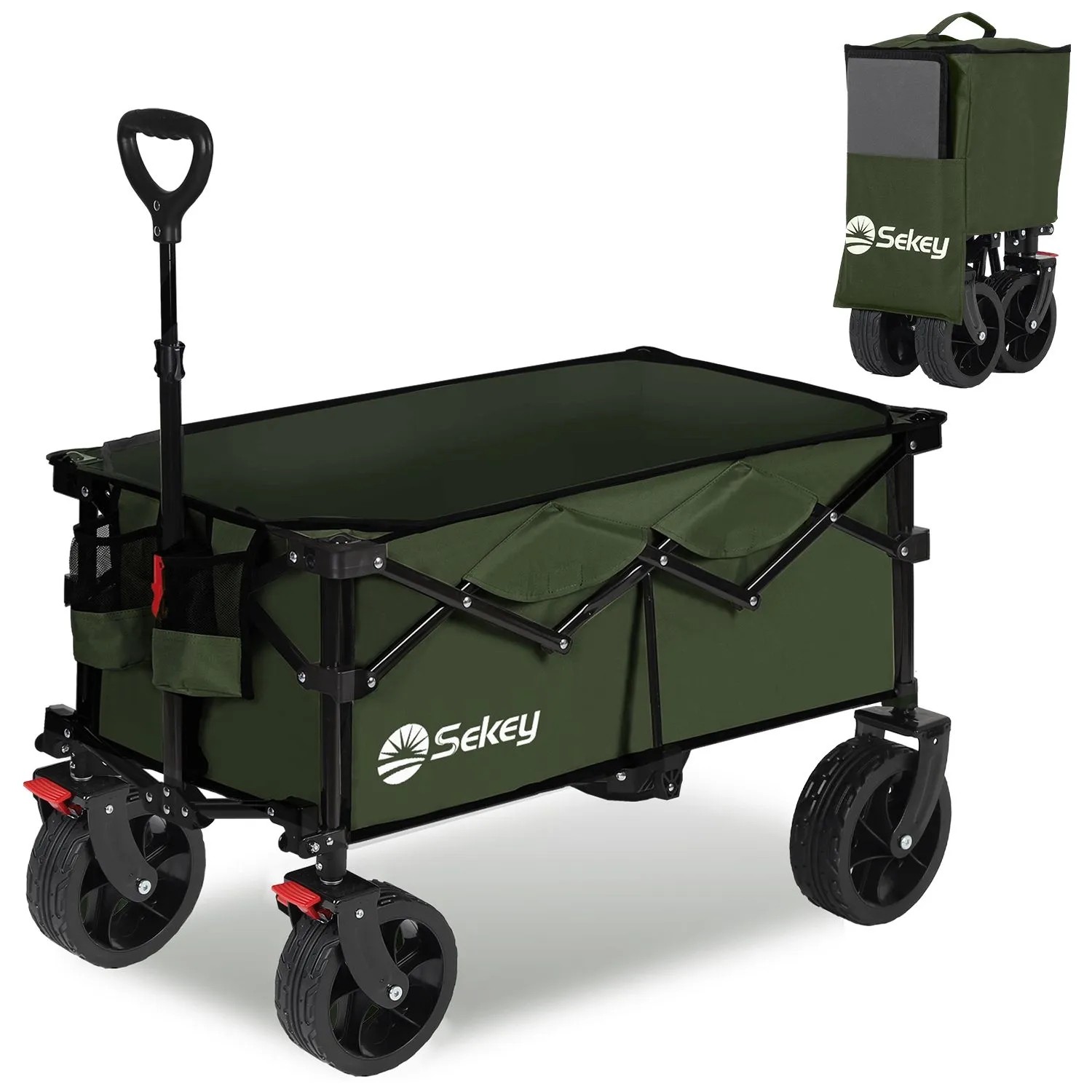 Sekey XL Bollerwagen Faltbar mit Bremsen und Breiten Reifen 150KG 150L Dunkelgrün