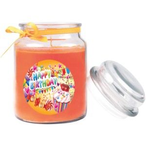 Duftkerze Honigmelone-Orange im Bonbonglas mit Geburtstagsmotiv und gelbem Band.