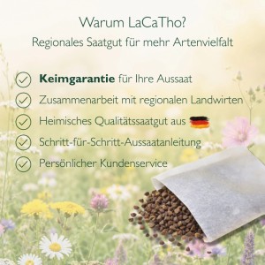 LaCaTho Samenbeutel mit Qualitätsmerkmalen: Keimgarantie, regionales Saatgut, Aussaatanleitung. Auf einer bunten Wildblumenwiese.