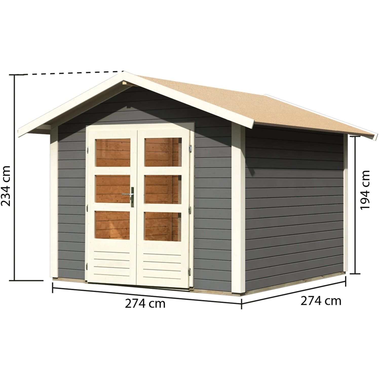 Karibu Holz-Gartenhaus Tyka, terragrau, Satteldach, 270x270 cm. Lackiertes Gartenhaus mit Doppeltür.