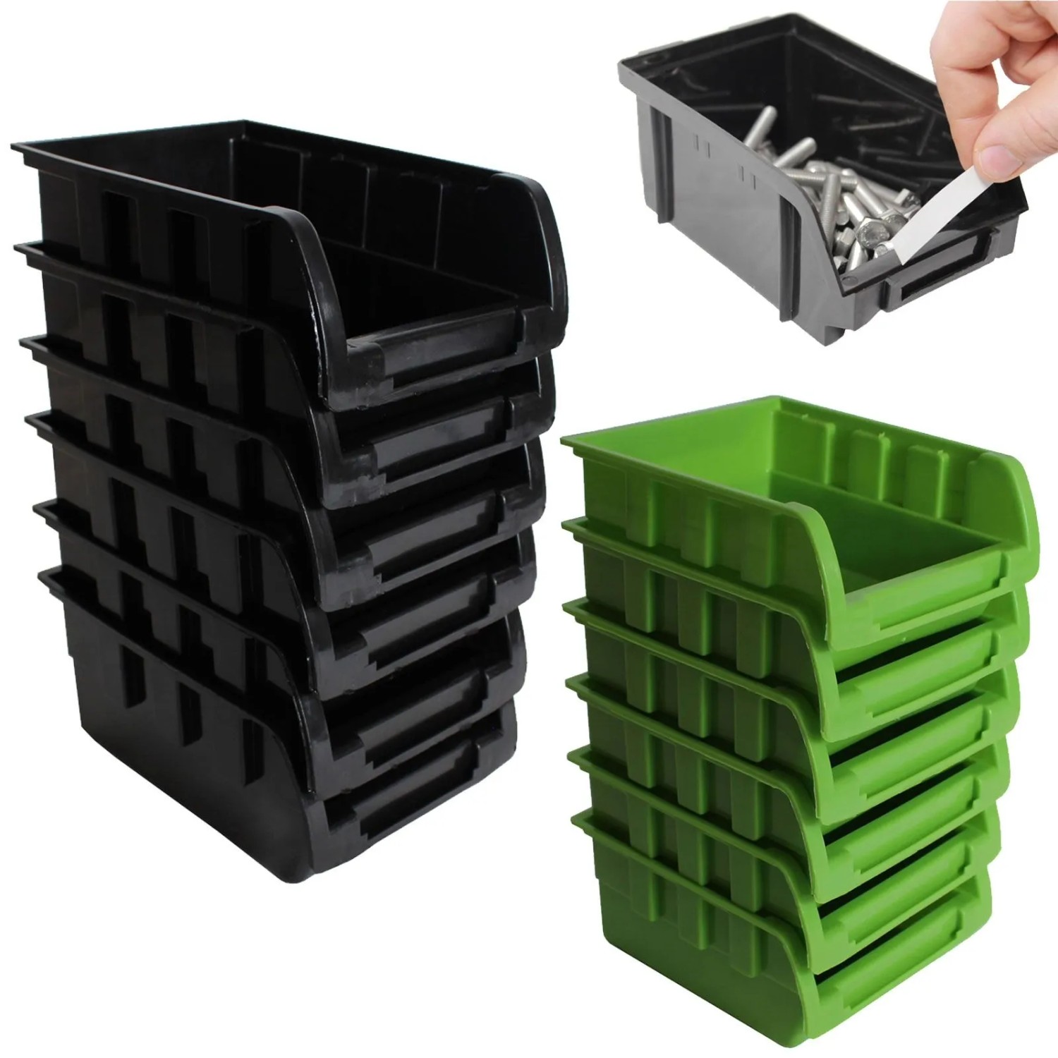 TRUTZHOLM Stapelboxen Set: Werkzeugschrank mit schwarzen und grünen Schütten.