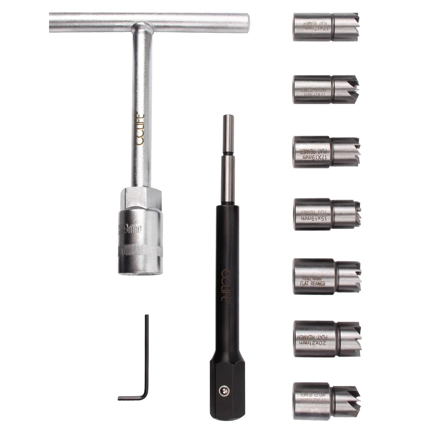 CCLIFE 10-teiliges Diesel Injektor Fräser Set mit T-Griff, Führungsdorn und 7 Fräsern für Dichtflächen. Metall.