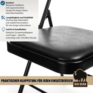BigDean Klappstuhl 4 Stück Gepolstert Klappstühle Schwarz Metall Stuhl Mit Kunstlederbezug Robust Bis 130 kg Belastbar