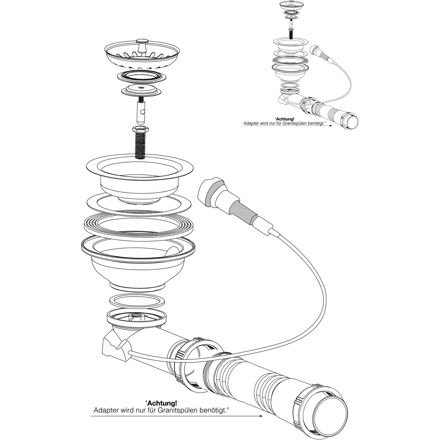 Respekta Excentergarnitur für 1/1,5 Becken-Spülen, Explosionszeichnung der Einzelteile.