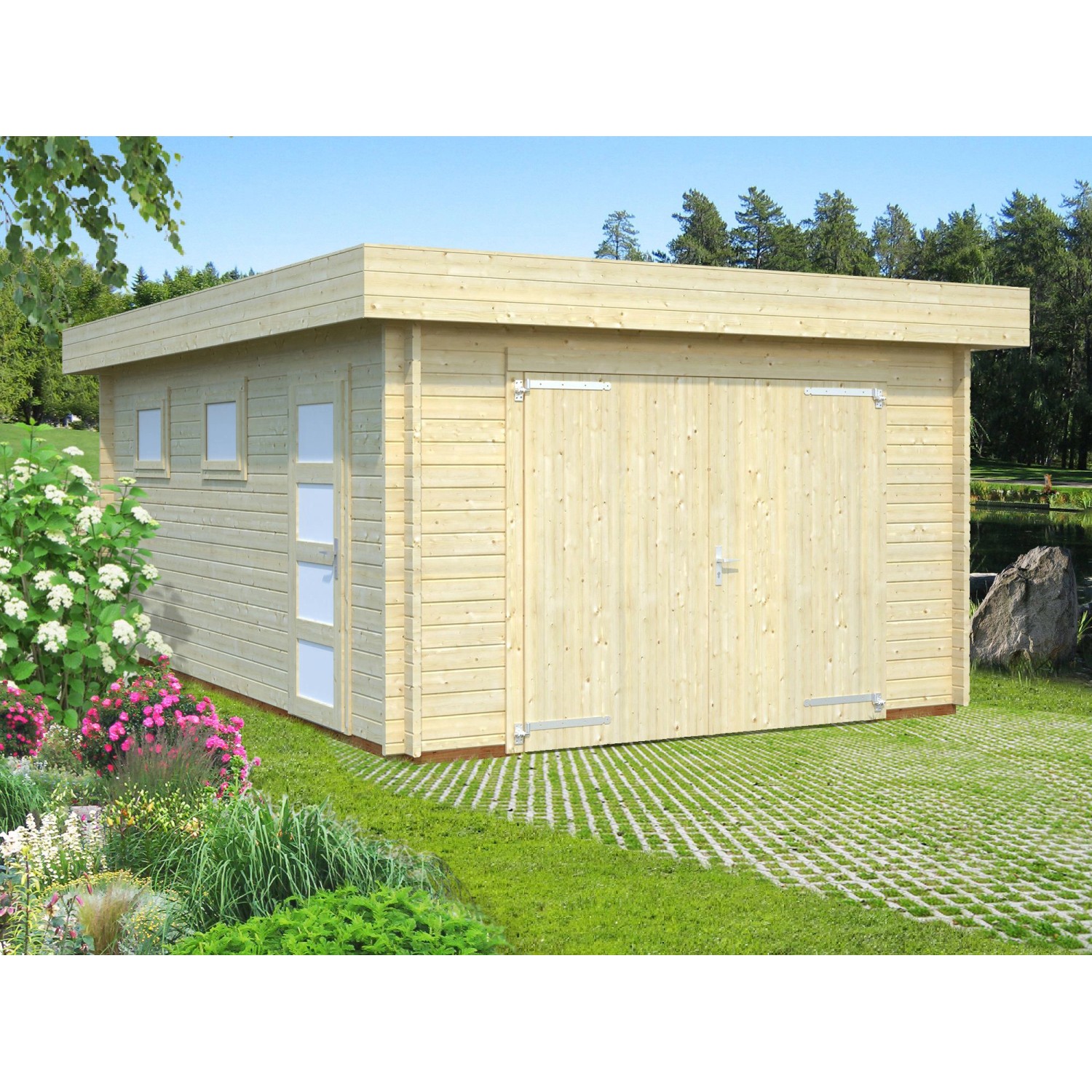 Palmako Holzgarage Rasmus mit Holztor, naturbelassen, 360x550 cm. Einzelgarage aus Fichtenholz mit Fenster und Tür.